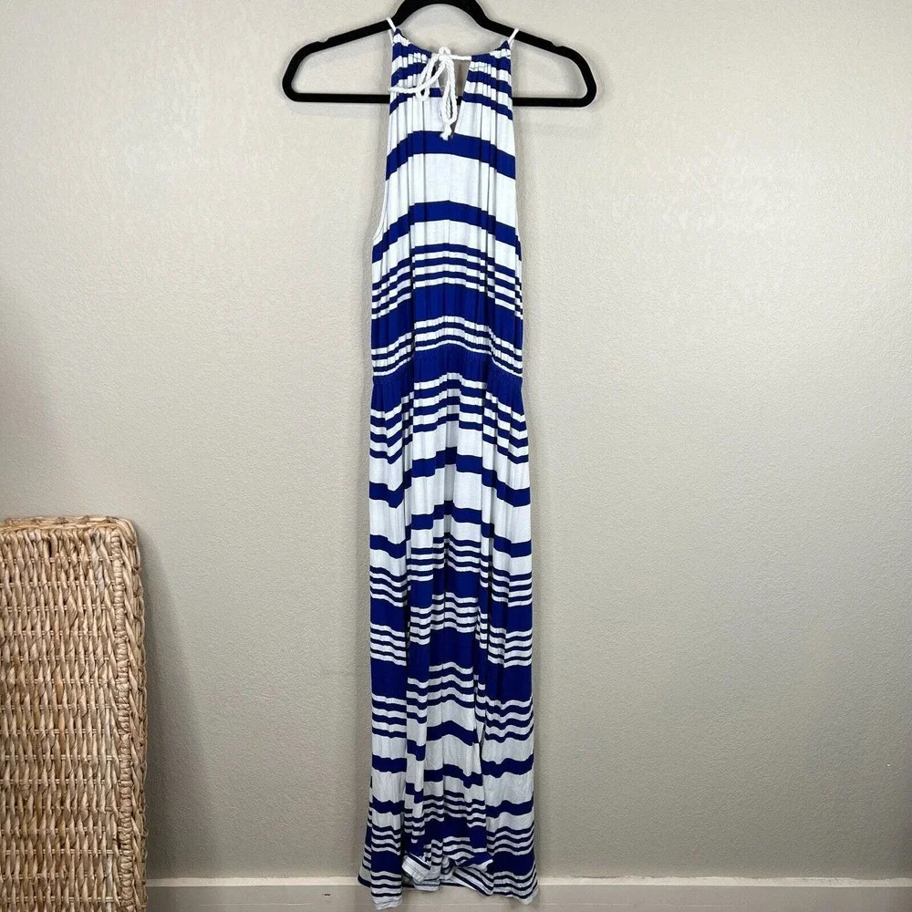 MILLY for DesigNation Maxi Dress Size Medium M Sapphire Combo Stripe Halter Boho